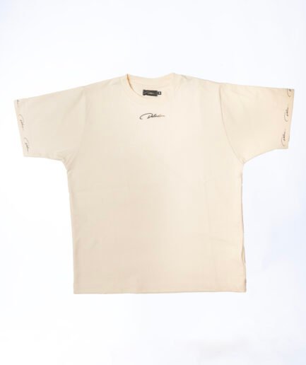 T-Shirt Icona in Cotone Pregiato Beige con Ricamo a Contrasto