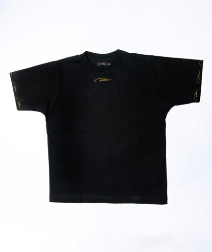 T-Shirt Icona in Cotone Pregiato Nero Assoluto con Ricamo Oro